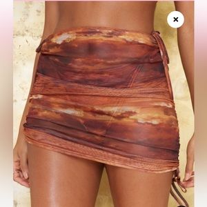 PLT Brown Abstract Cloud Mesh Ruched Mini Beach Skirt size 12 US